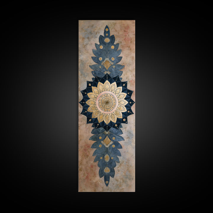 Mandala with Soft Gold and Indigo Symmetry Canvas Print, Meditation Art, Minimalist Decor, Living Room Decor, Stillness, MED-1x3-86