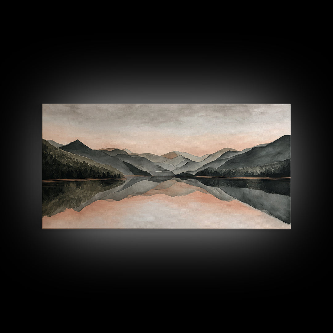 Mountain Lake at Sunrise Framed Canvas Print, Meditation Art, Digital Print, Living Room Decor, Oil Painting, Stillness, MED-2x1-1