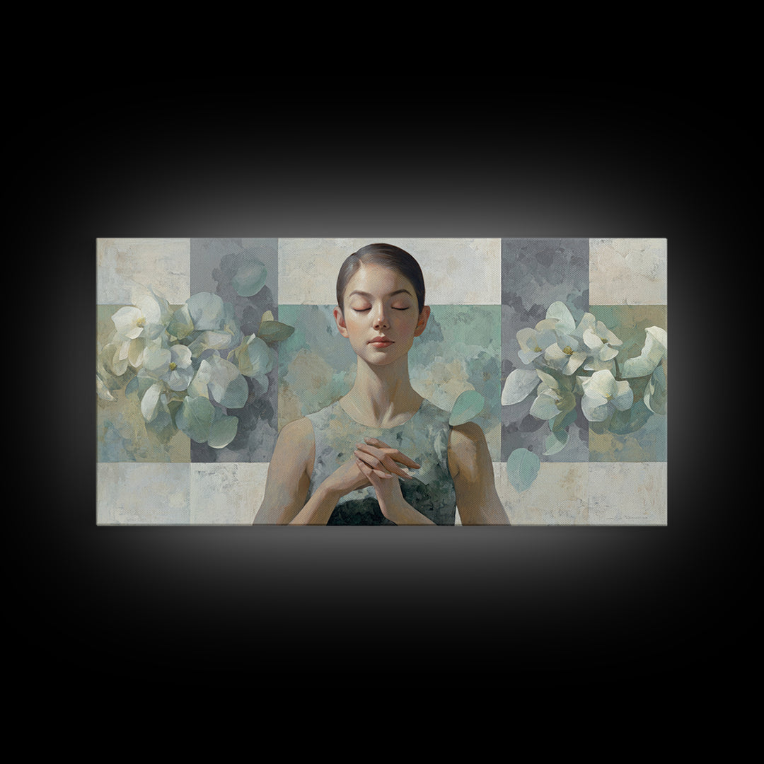 Calm Face Portrait Framed Canvas Print, Meditation Art, Statement Artwork, Living Room Decor, Fine Art, Stillness, Art Deco, MED-2x1-20