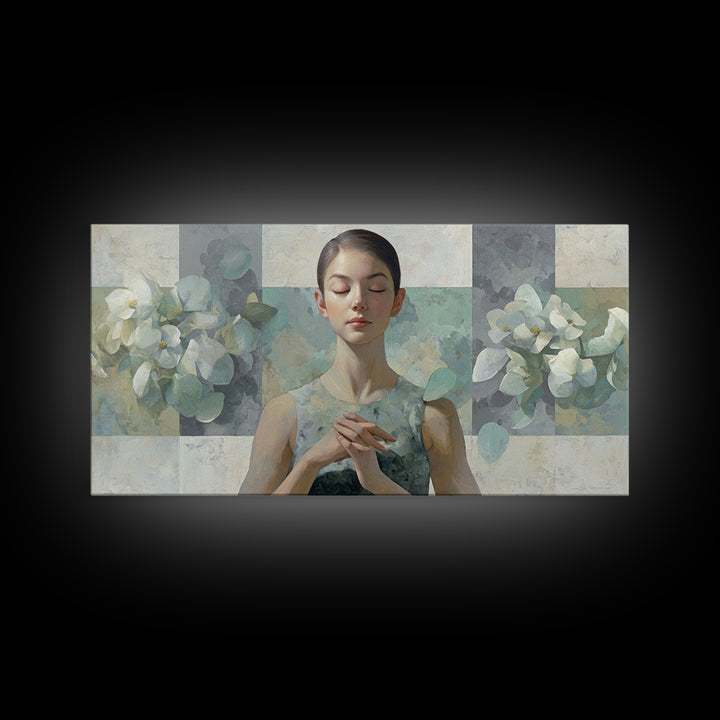 Calm Face Portrait Framed Canvas Print, Meditation Art, Statement Artwork, Living Room Decor, Fine Art, Stillness, Art Deco, MED-2x1-20
