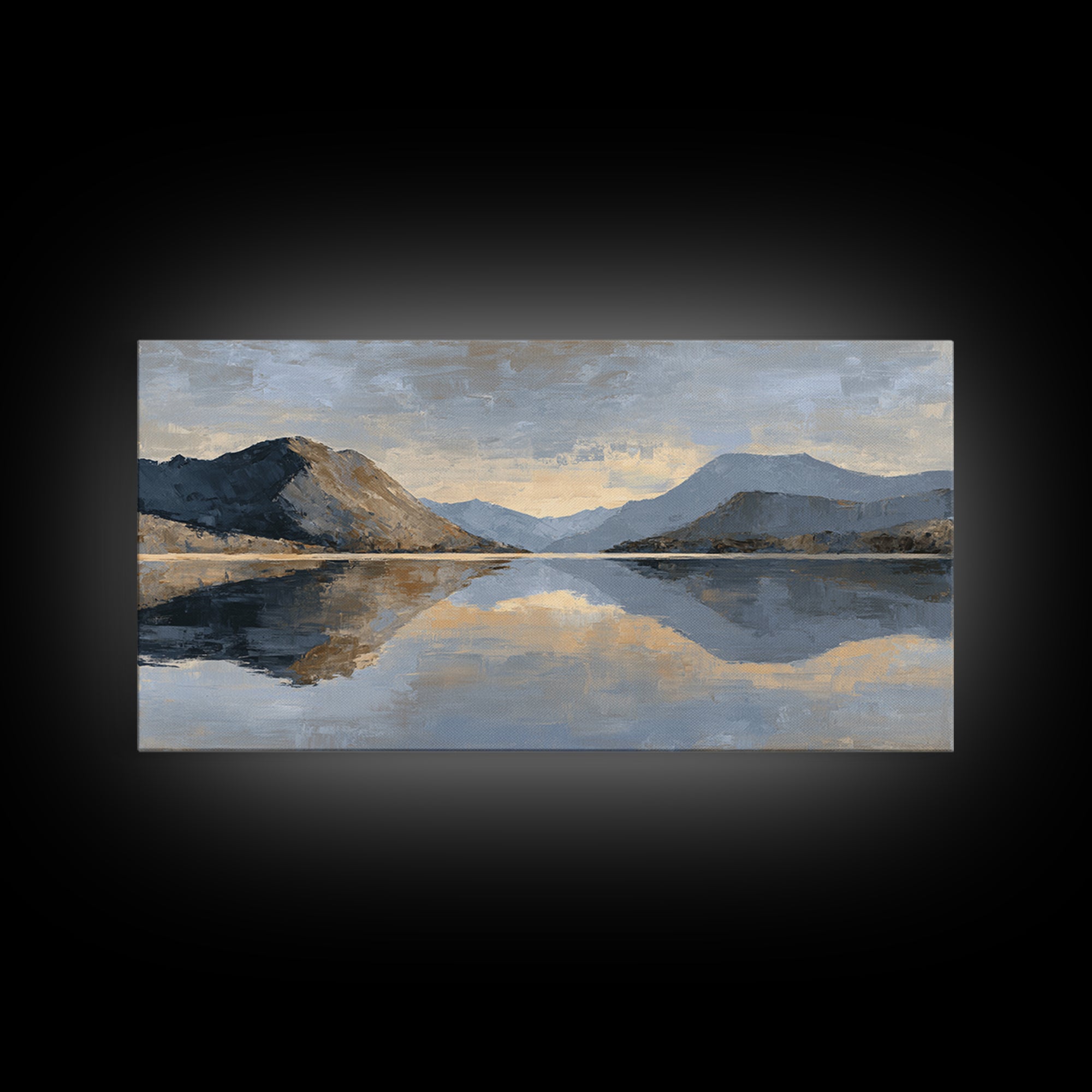 Mountain Lake at Sunrise Framed Canvas Print, Meditation Art, Digital Print, Living Room Decor, Oil Painting, Stillness, MED-2x1-25