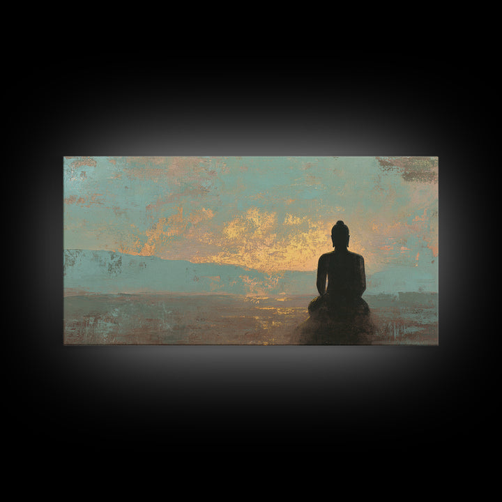 Buddha Silhouette Surrounded by Warm Light Framed Canvas Print, Meditation Art, Boho Wall Decor, Living Room Decor, Stillness, MED-2x1-3