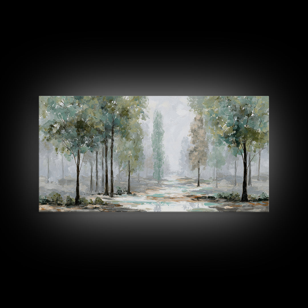 Misty Forest Path Framed Canvas Print, Meditation Art, Art Deco, Living Room Decor, Fine Art, Stillness, Digital Download Art, MED-2x1-33