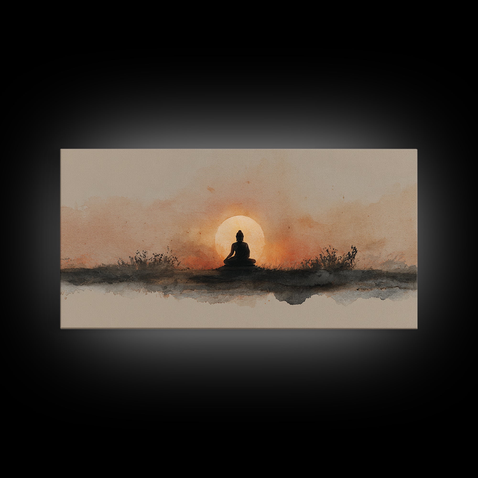 Buddha Silhouette Surrounded by Warm Light Canvas Print, Meditation Art, Gallery Wall Art, Living Room Decor, Stillness, MED-2x1-51