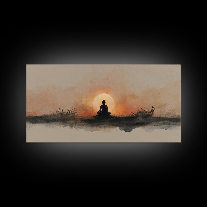Buddha Silhouette Surrounded by Warm Light Canvas Print, Meditation Art, Gallery Wall Art, Living Room Decor, Stillness, MED-2x1-51