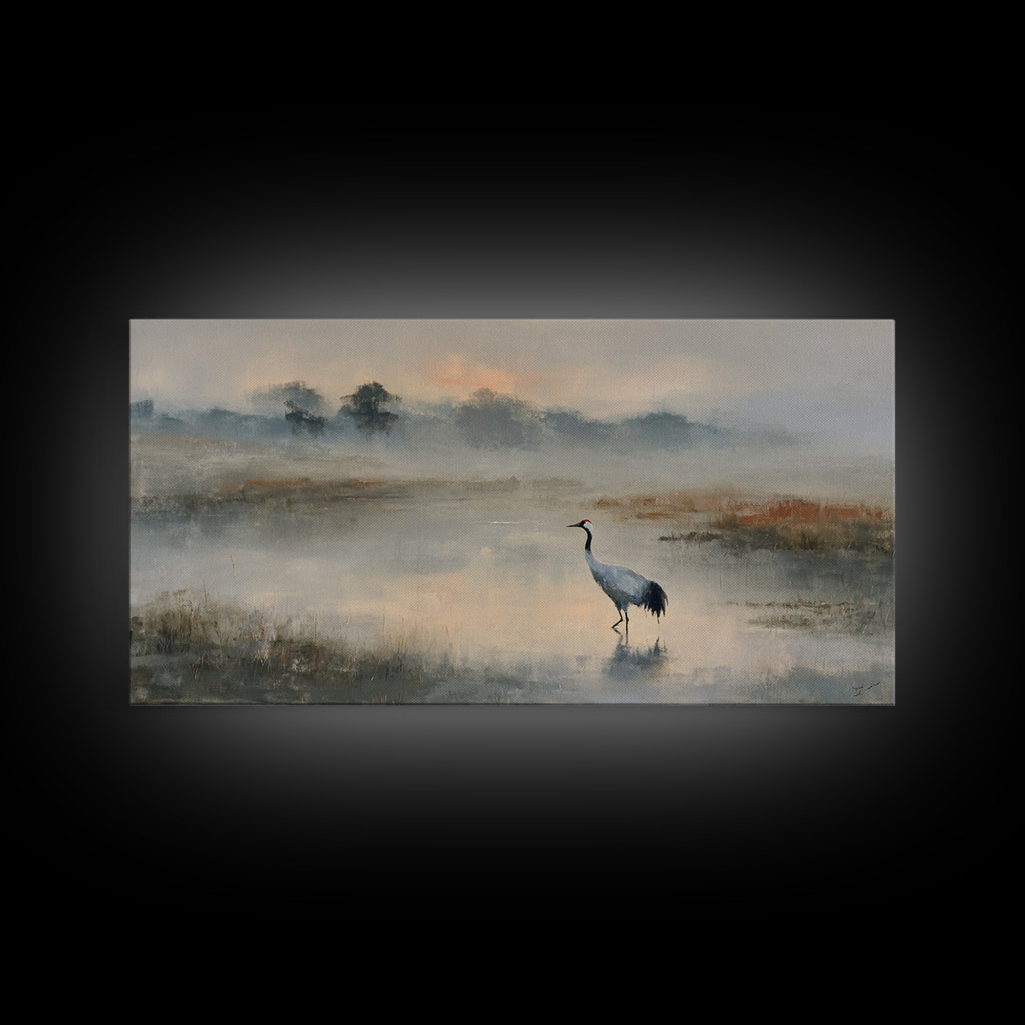 White Crane in Quiet Morning Mist Framed Canvas Print, Meditation Art, Canvas Art, Living Room Decor, Oil Painting, Stillness, MED-2x1-60