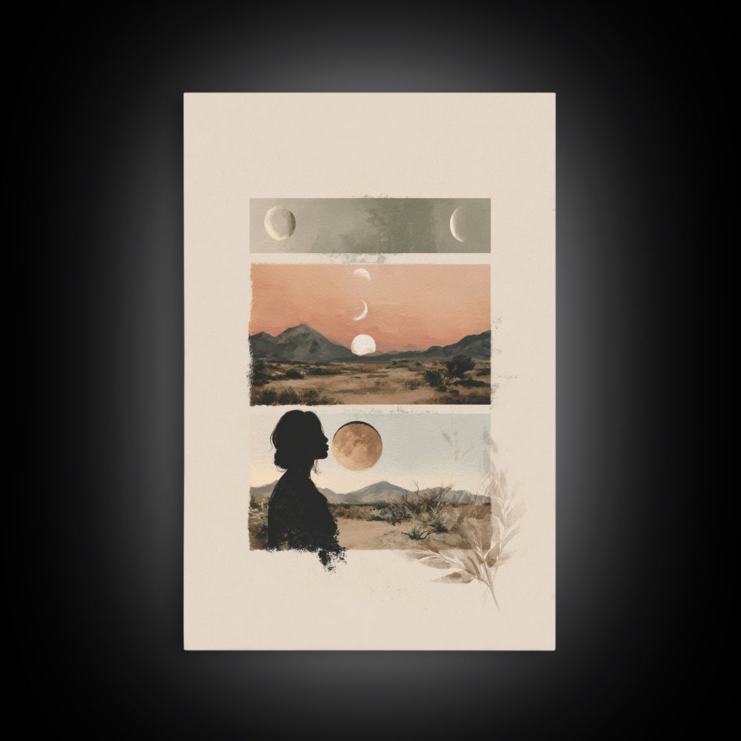 Moon Phases over a Quiet Desert Framed Canvas Print, Meditation Art, Modern Wall Art, Living Room Decor, Fine Art, Stillness, MED-2x3-17