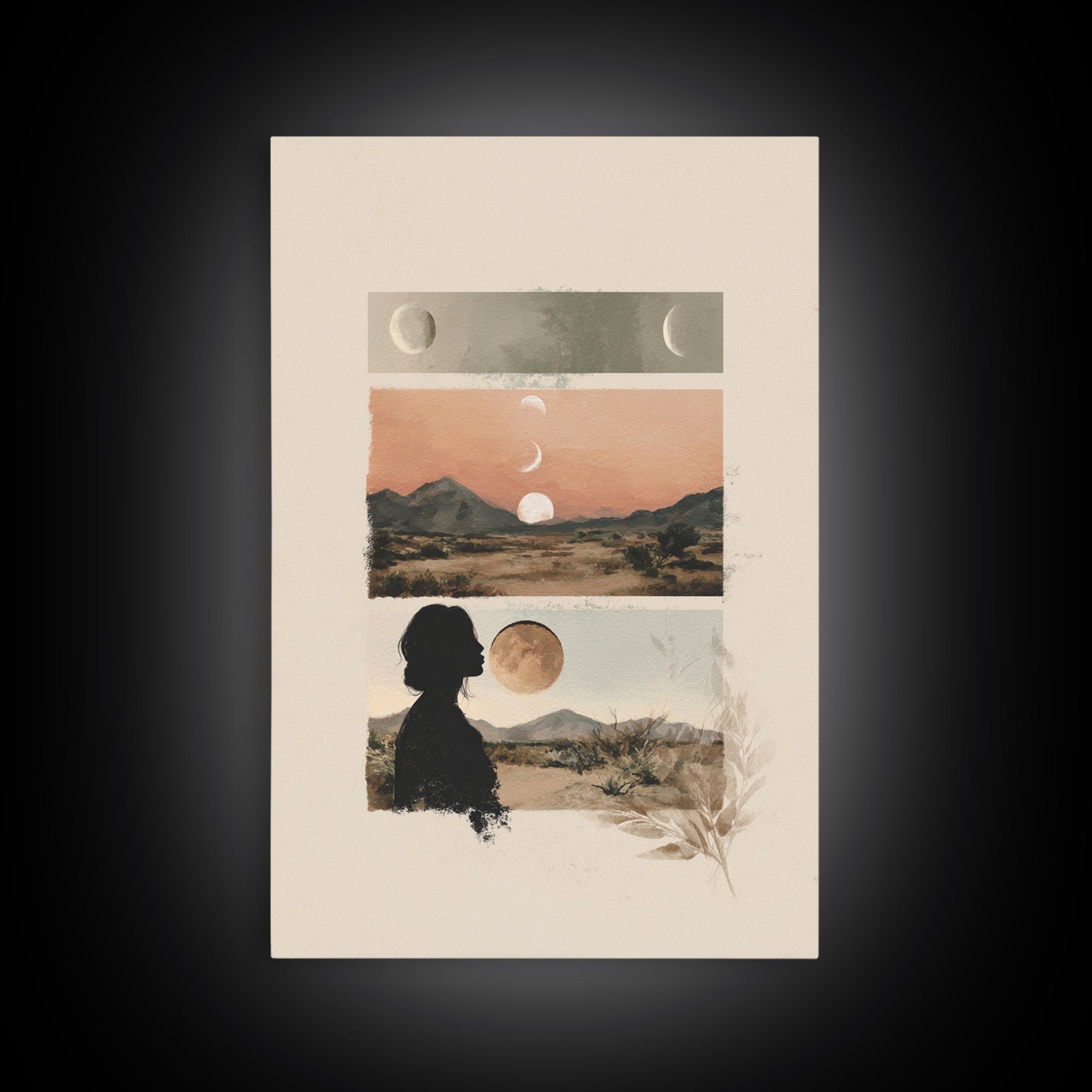 Moon Phases over a Quiet Desert Framed Canvas Print, Meditation Art, Modern Wall Art, Living Room Decor, Fine Art, Stillness, MED-2x3-17
