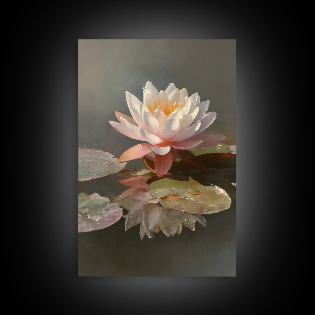 Lotus Flower Glowing Framed Canvas Print, Meditation Art, Gallery Wall Art, Living Room Decor, Stillness, Printable Artwork, MED-2x3-33