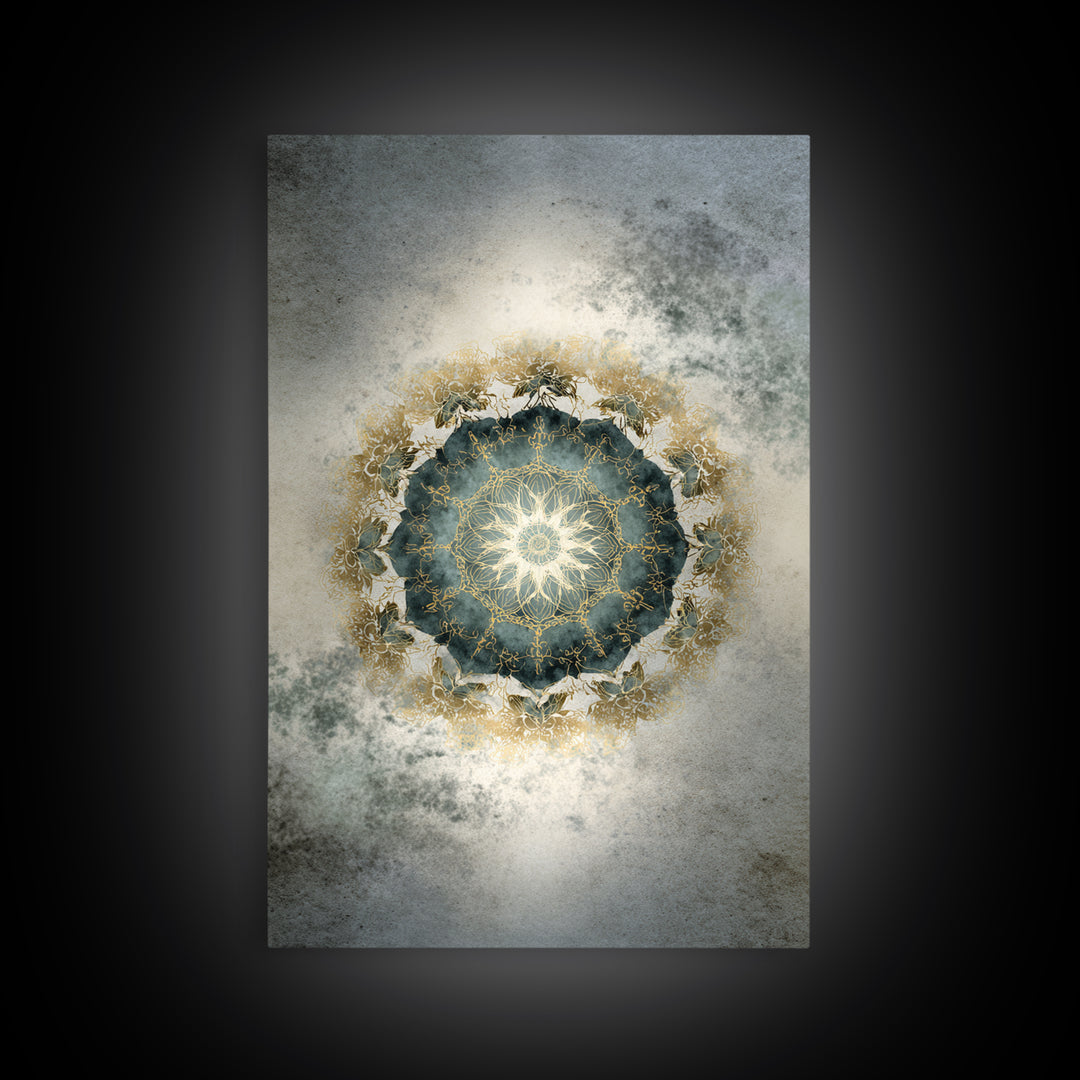 Mandala with Soft Gold and Indigo Symmetry Framed Canvas Print, Meditation Art, Original Art, Living Room Decor, Stillness, MED-2x3-34