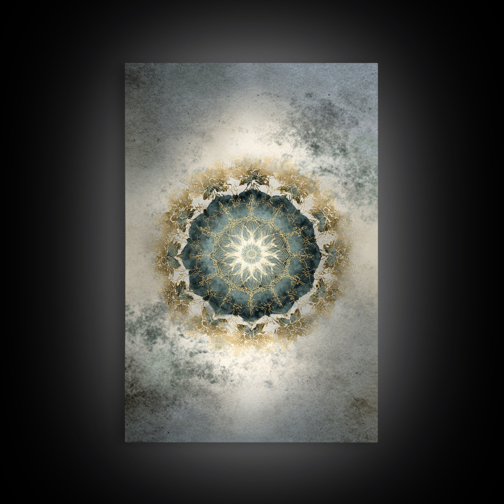 Mandala with Soft Gold and Indigo Symmetry Framed Canvas Print, Meditation Art, Original Art, Living Room Decor, Stillness, MED-2x3-34