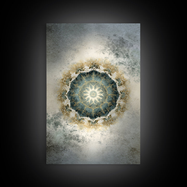 Mandala with Soft Gold and Indigo Symmetry Framed Canvas Print, Meditation Art, Original Art, Living Room Decor, Stillness, MED-2x3-34