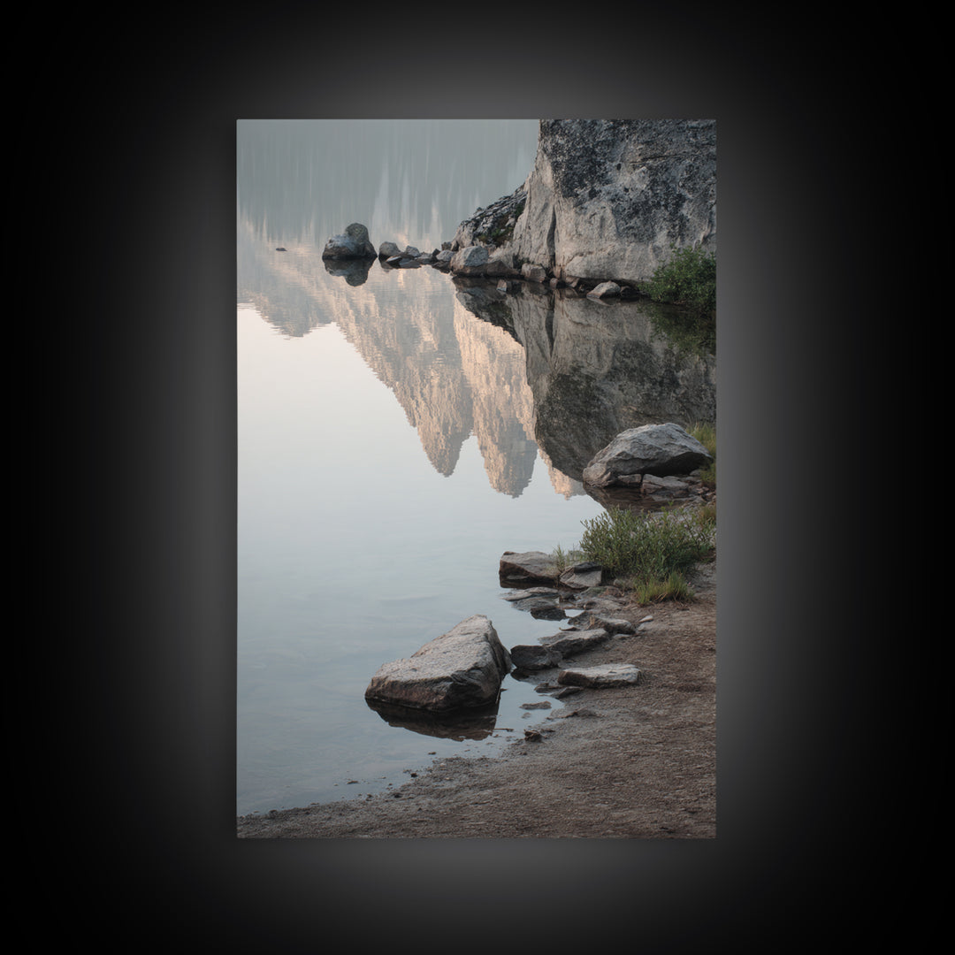 Mountain Lake at Sunrise Framed Canvas Print, Meditation Art, Boho Wall Art, Living Room Decor, Watercolor Art, Stillness, MED-2x3-37