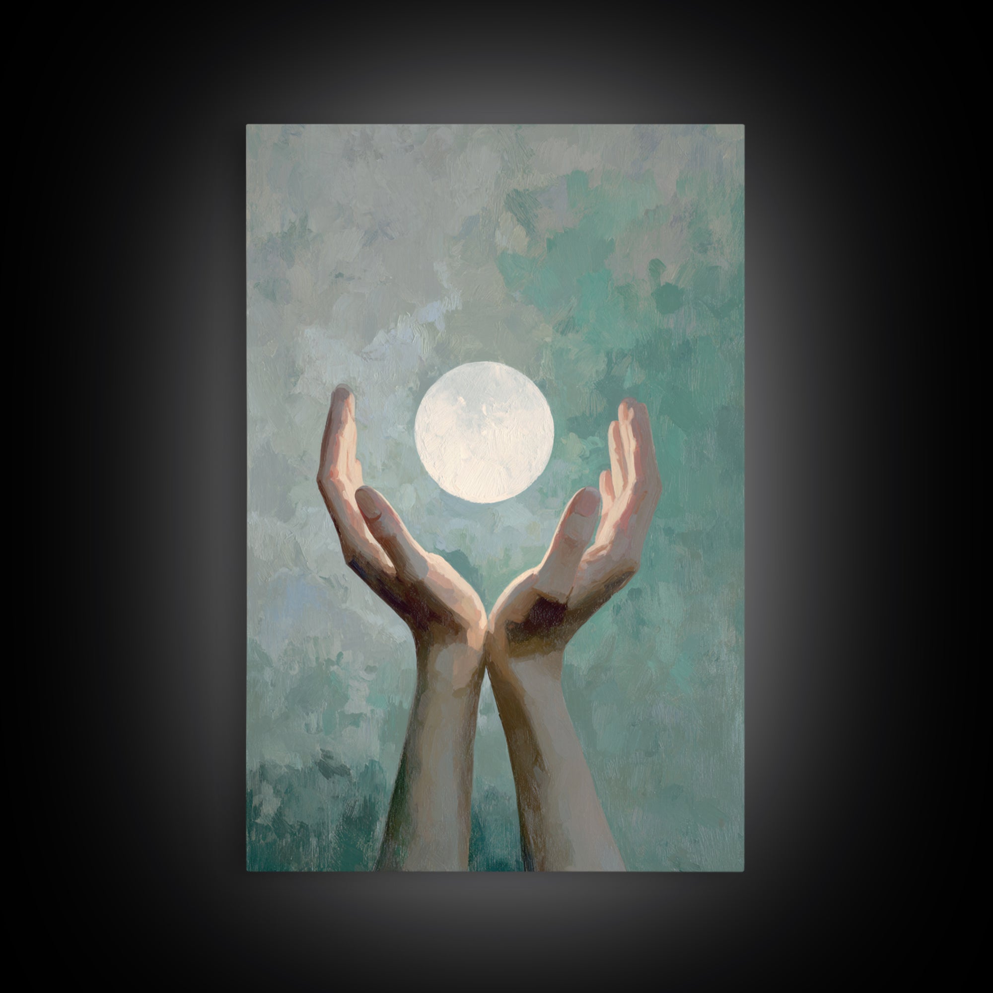 Hands Holding a Tiny Glowing Sun Framed Canvas Print, Meditation Art, Living Room Art, Living Room Decor, Fine Art, Stillness, MED-2x3-68