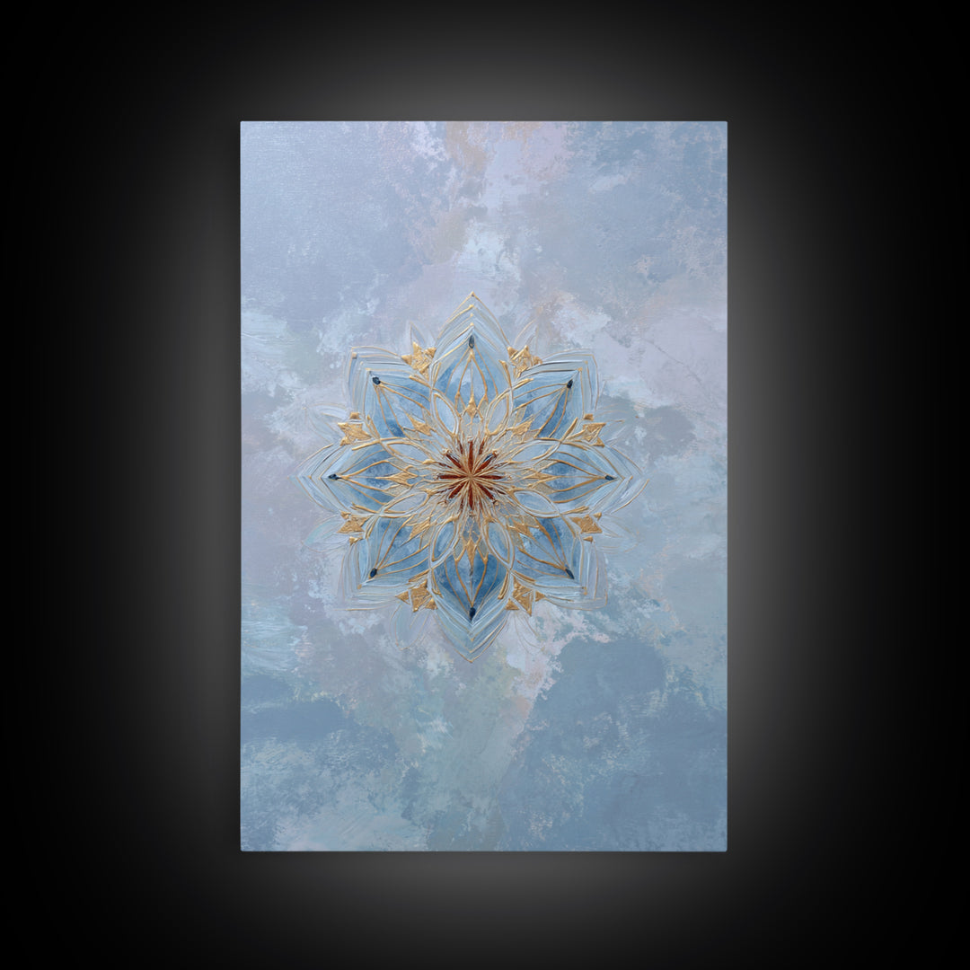 Mandala with Soft Gold and Indigo Symmetry Canvas Print, Meditation Art, Boho Wall Art, Living Room Decor, Fine Art, Stillness, MED-2x3-82