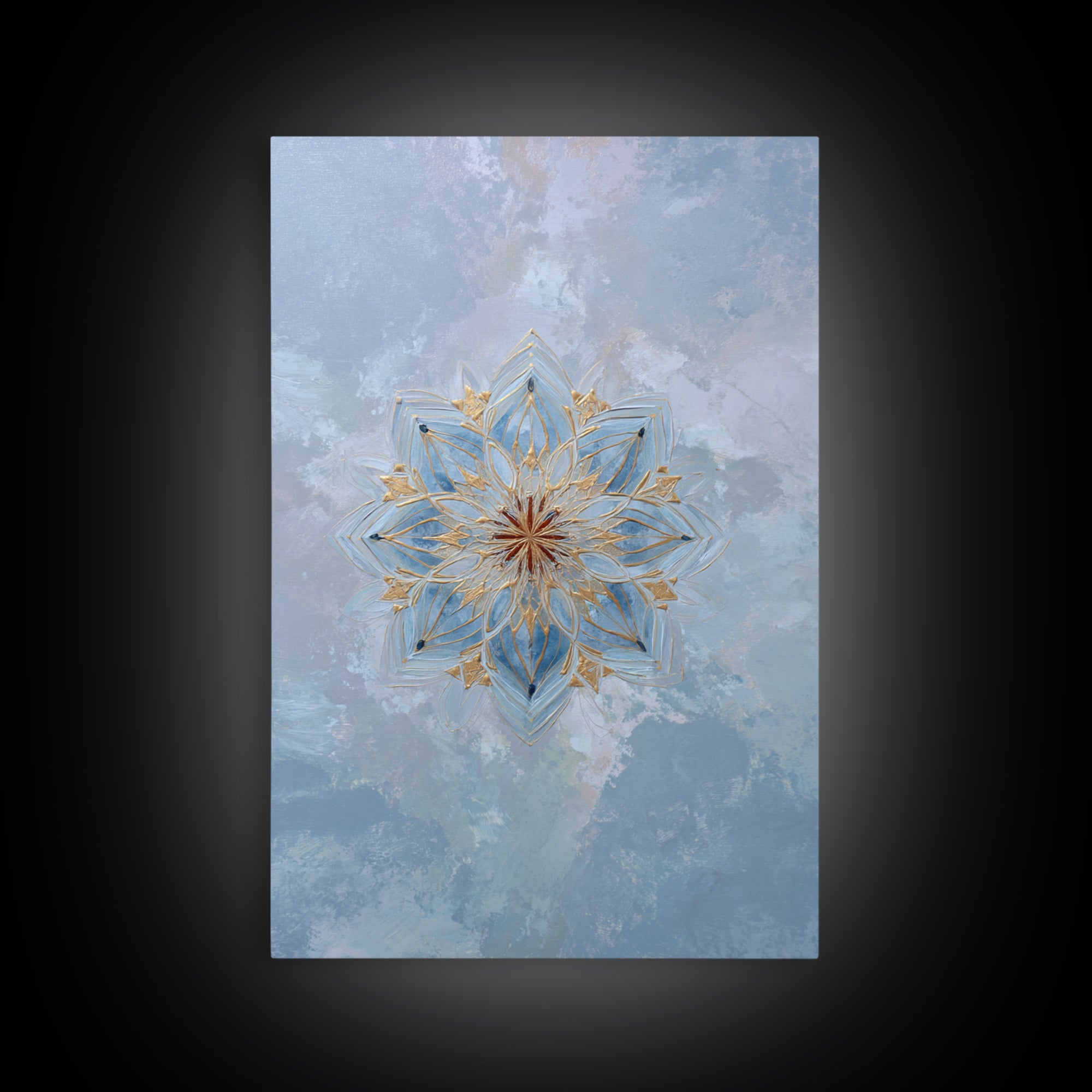 Mandala with Soft Gold and Indigo Symmetry Canvas Print, Meditation Art, Boho Wall Art, Living Room Decor, Fine Art, Stillness, MED-2x3-82