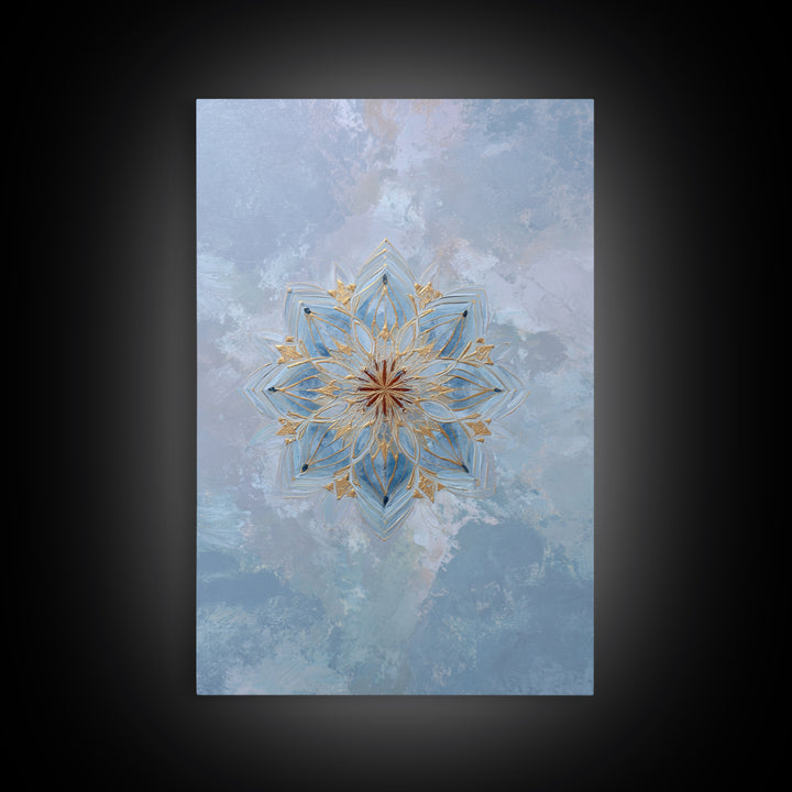 Mandala with Soft Gold and Indigo Symmetry Canvas Print, Meditation Art, Boho Wall Art, Living Room Decor, Fine Art, Stillness, MED-2x3-82