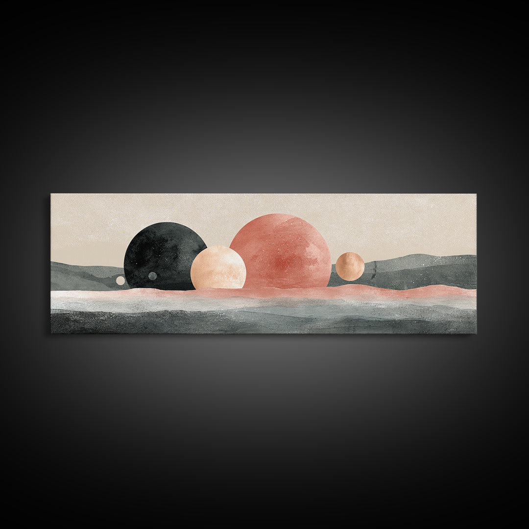 Moon Phases over a Quiet Desert Framed Canvas Print, Meditation Art, Living Room Decor, Watercolor Art, Stillness, MED-3x1-1