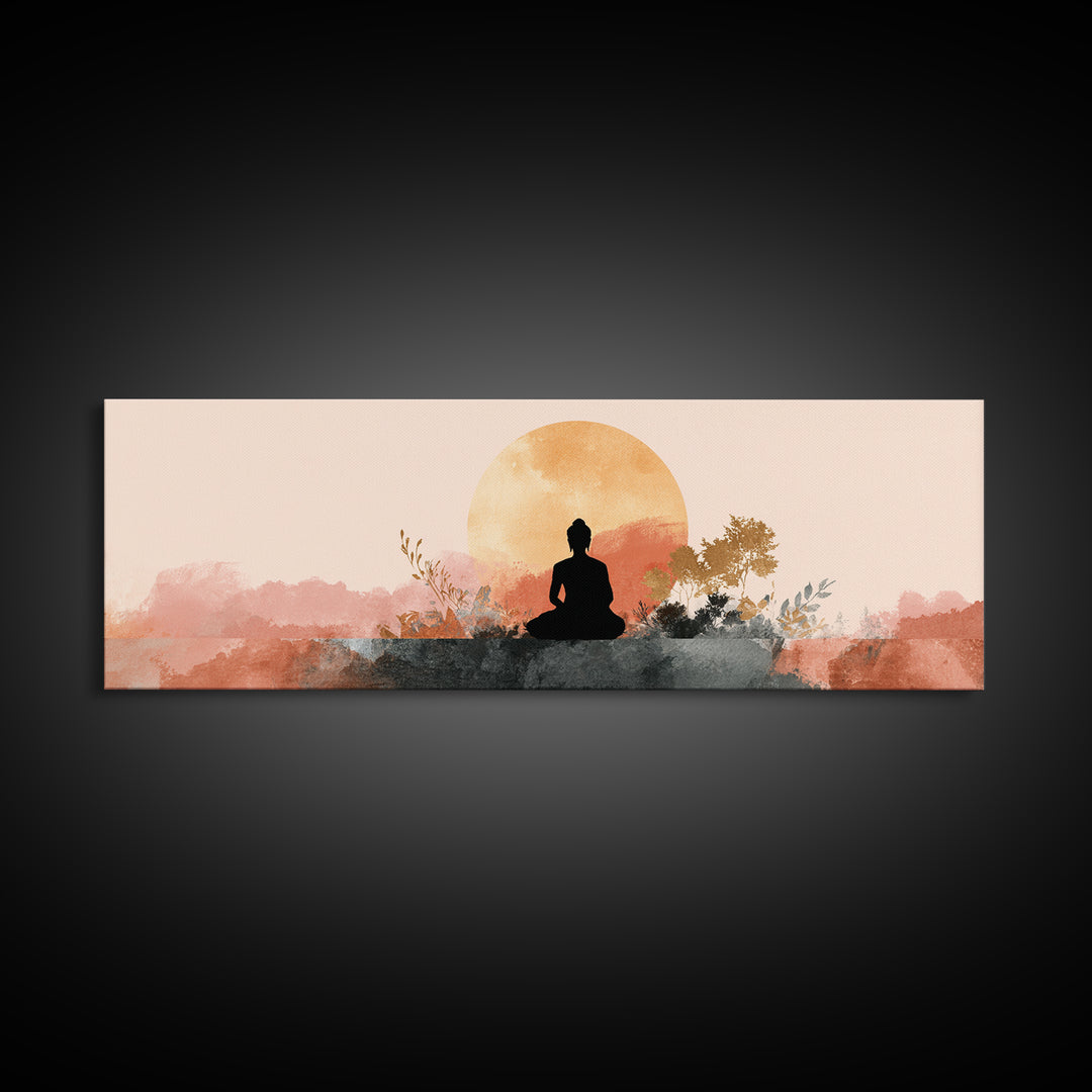 Buddha Silhouette Surrounded by Warm Light Framed Canvas Print, Meditation Art, Art Print, Living Room Decor, Stillness, MED-3x1-23