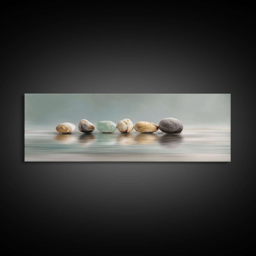 Floating Stones Balanced Above Calm Water Canvas Print, Meditation Art, Printable Artwork, Living Room Decor, Stillness, MED-3x1-24