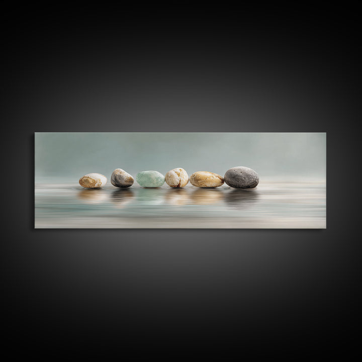Floating Stones Balanced Above Calm Water Canvas Print, Meditation Art, Printable Artwork, Living Room Decor, Stillness, MED-3x1-24