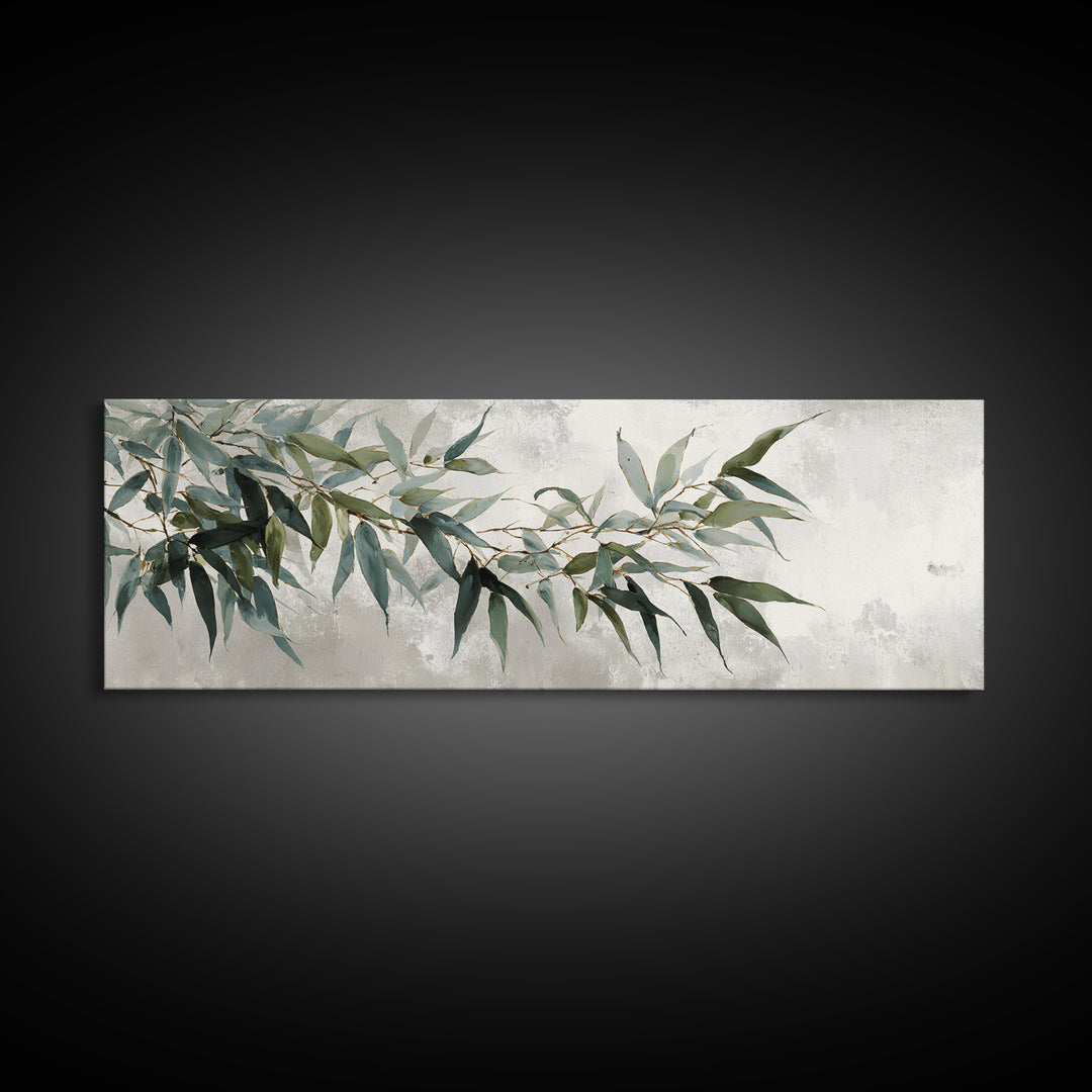 Bamboo Leaves in Gentle Ink Wash Framed Canvas Print, Meditation Art, Room Decor, Living Room Decor, Fine Art, Stillness, MED-3x1-27