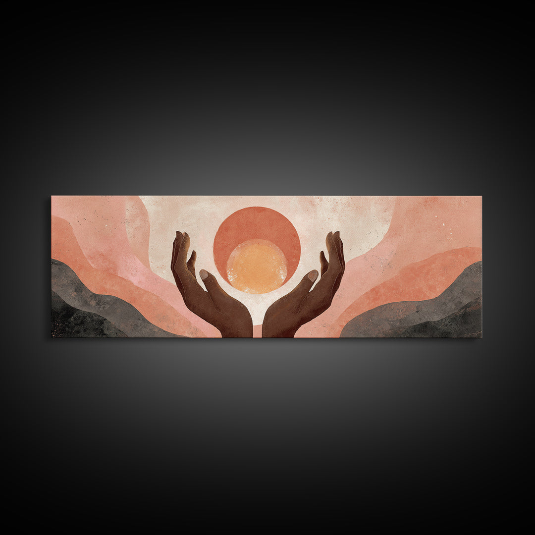Hands Holding a Tiny Glowing Sun Canvas Print, Meditation Art, Spiritual Wall Art, Living Room Decor, Watercolor Art, Stillness, MED-3x1-4