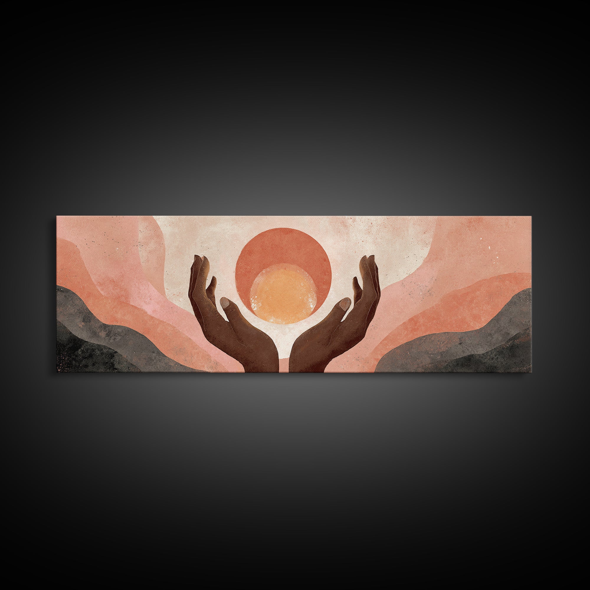 Hands Holding a Tiny Glowing Sun Canvas Print, Meditation Art, Spiritual Wall Art, Living Room Decor, Watercolor Art, Stillness, MED-3x1-4