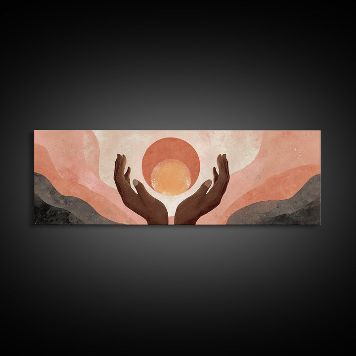 Hands Holding a Tiny Glowing Sun Canvas Print, Meditation Art, Spiritual Wall Art, Living Room Decor, Watercolor Art, Stillness, MED-3x1-4