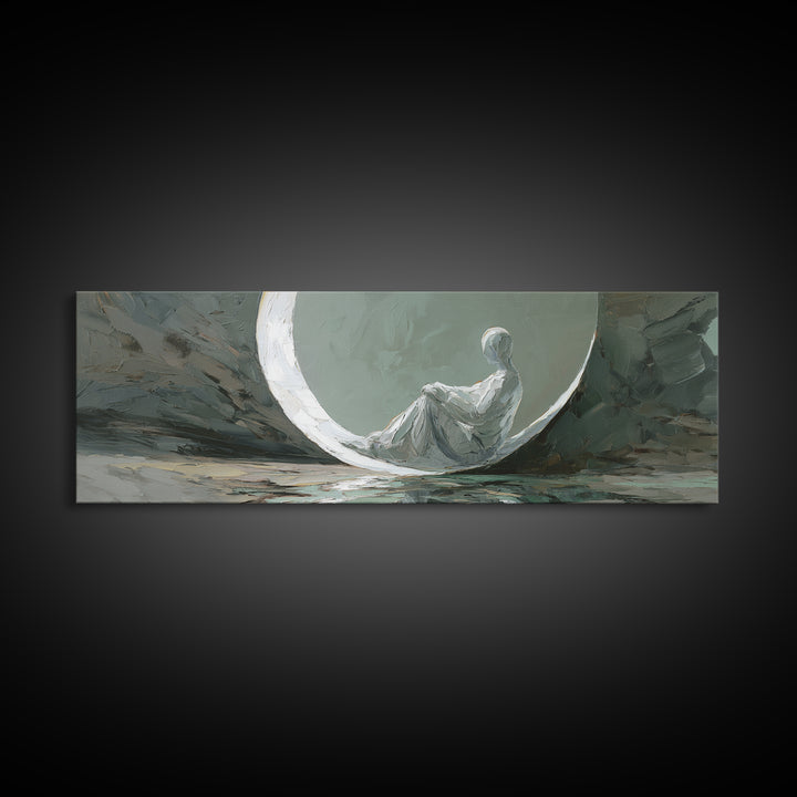 Single Seated Figure Beneath a Crescent Moon Canvas Print, Meditation Art, Abstract Art, Living Room Decor, Fine Art, Stillness, MED-3x1-43