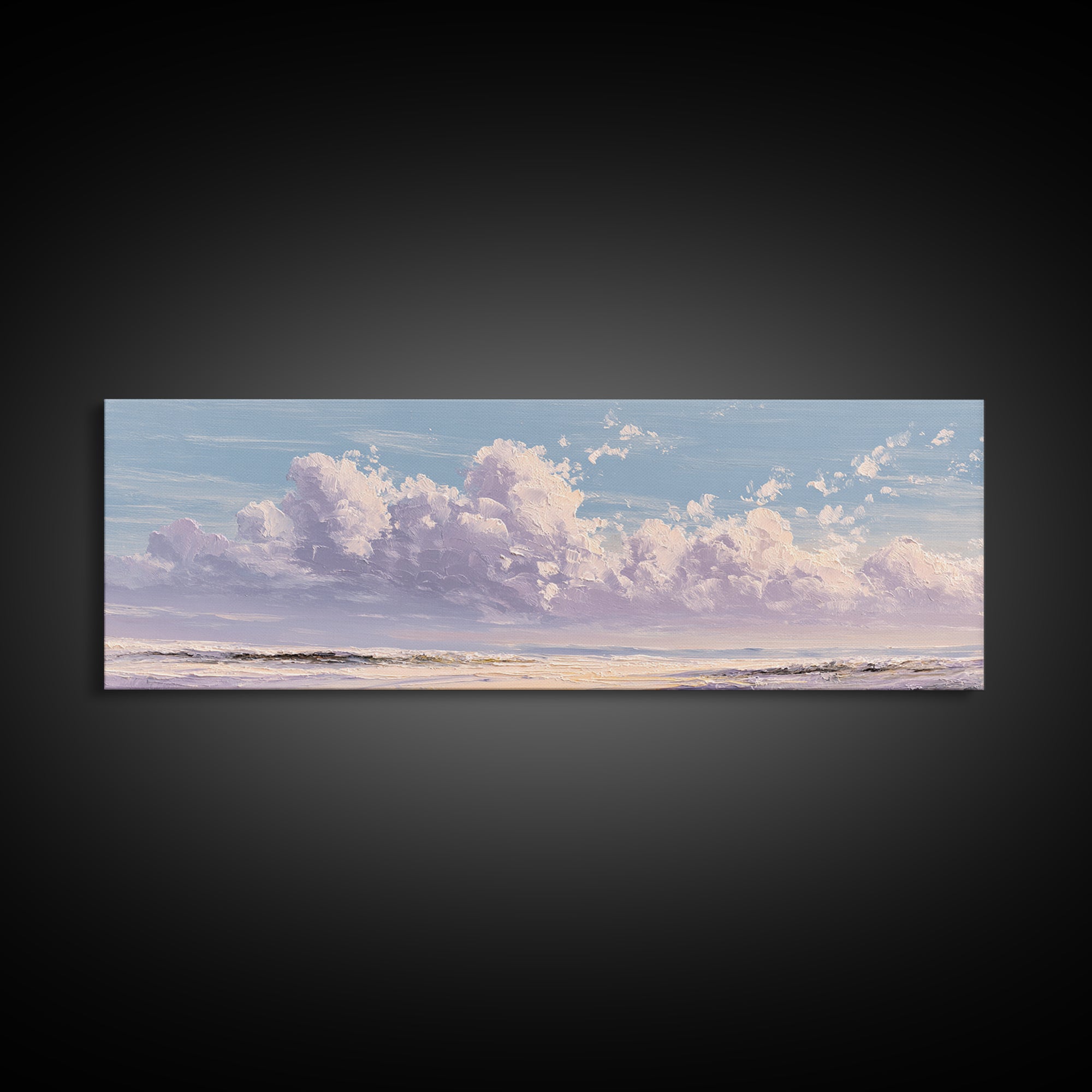 Gentle Cloudscape in Lavender and Cream Framed Canvas Print, Meditation Art, Art Deco, Living Room Decor, Fine Art, Stillness, MED-3x1-59