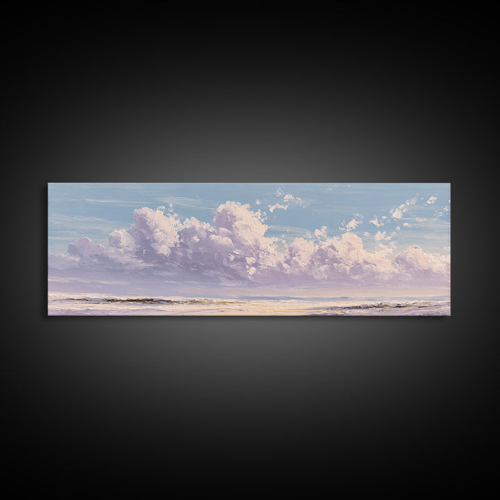 Gentle Cloudscape in Lavender and Cream Framed Canvas Print, Meditation Art, Art Deco, Living Room Decor, Fine Art, Stillness, MED-3x1-59