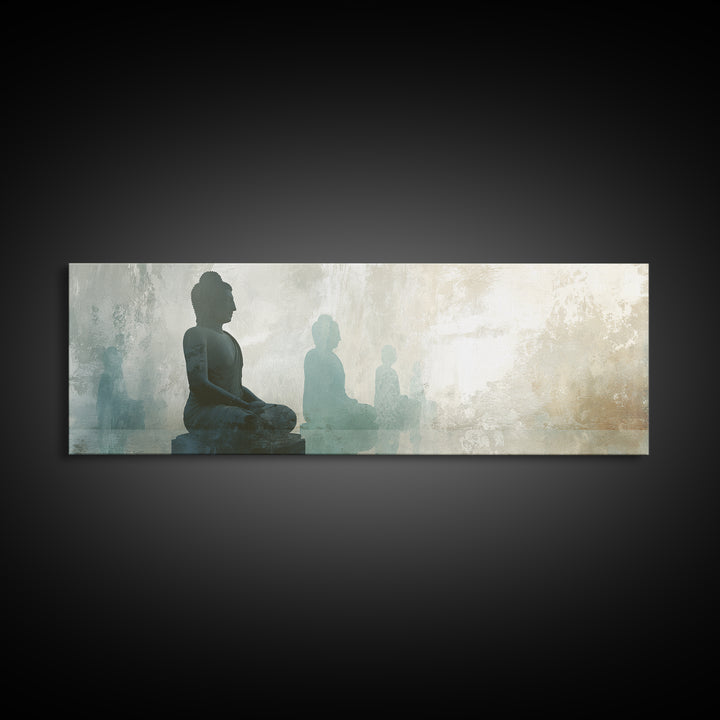 Buddha Silhouette Surrounded by Warm Light Canvas Print, Meditation Art, Boho Wall Decor, Living Room Decor, Stillness, MED-3x1-71