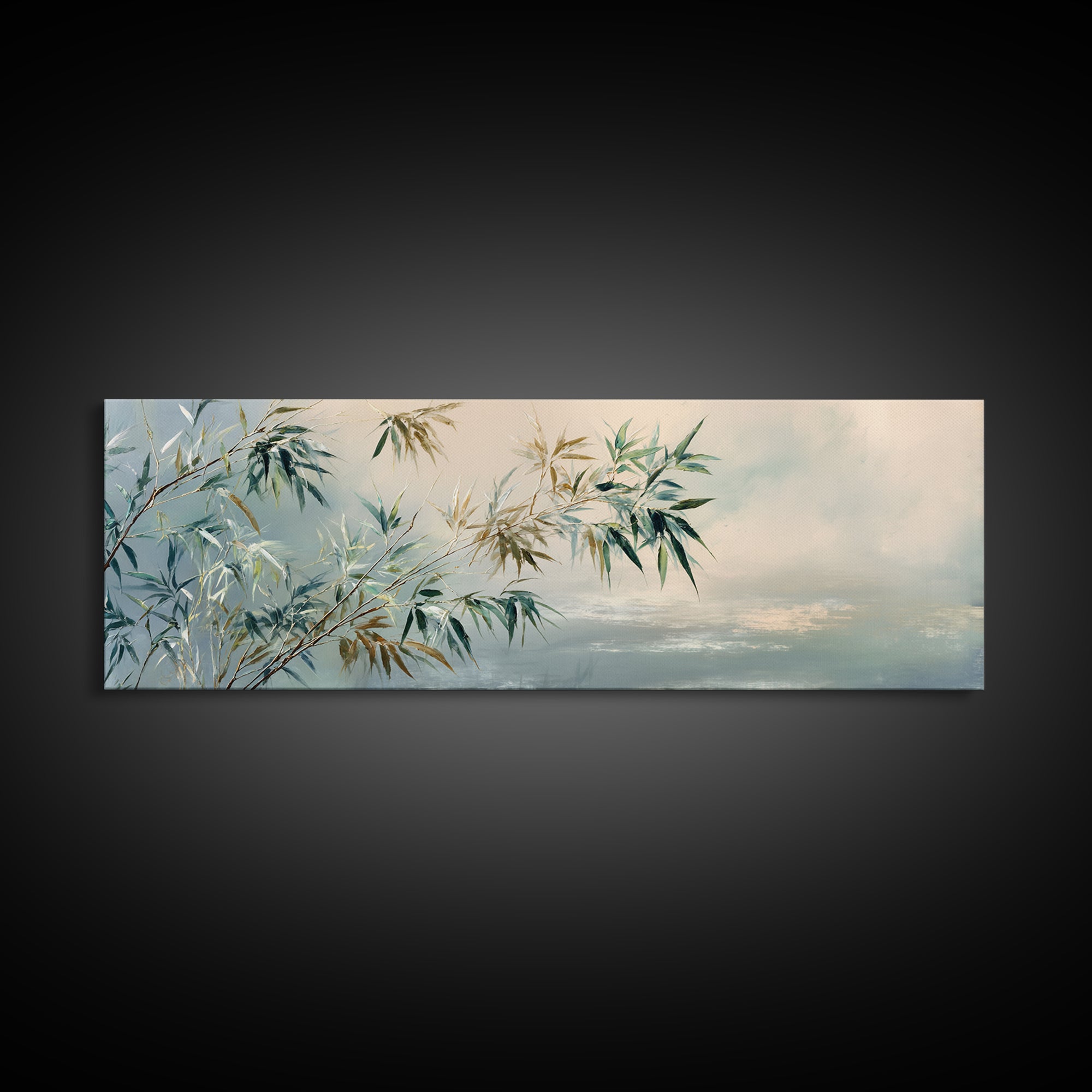 Bamboo Leaves in Gentle Ink Wash Canvas Print, Meditation Art, Floral Wall Art, Living Room Decor, Fine Art, Stillness, MED-3x1-75