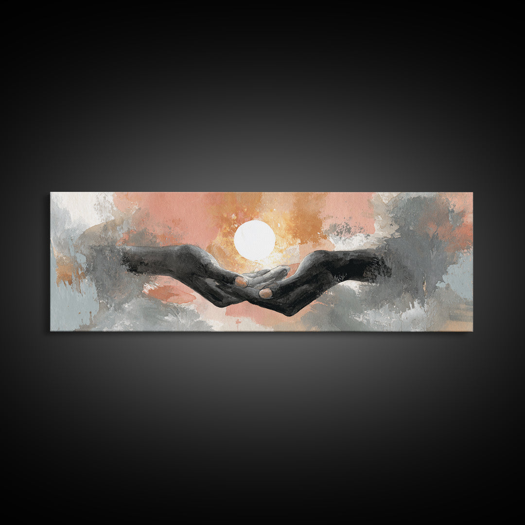 Hands Holding a Tiny Glowing Sun Canvas Print, Meditation Art, Digital Wall Art, Living Room Decor, Fine Art, Stillness, MED-3x1-76