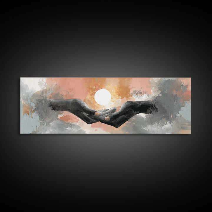 Hands Holding a Tiny Glowing Sun Canvas Print, Meditation Art, Digital Wall Art, Living Room Decor, Fine Art, Stillness, MED-3x1-76