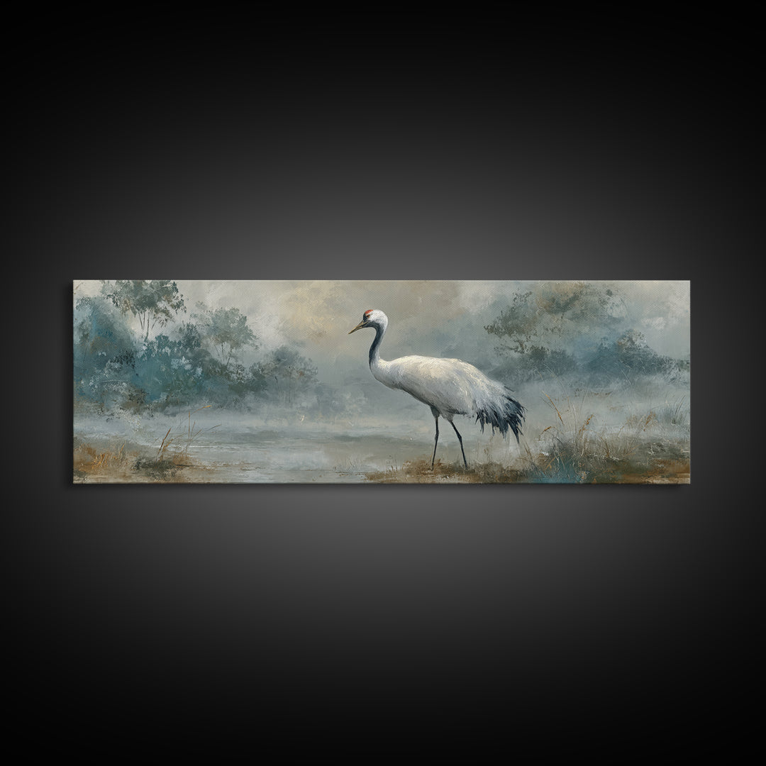 White Crane in Quiet Morning Mist Canvas Print, Meditation Art, Buddha Wall Art, Living Room Decor, Fine Art, Stillness, MED-3x1-8