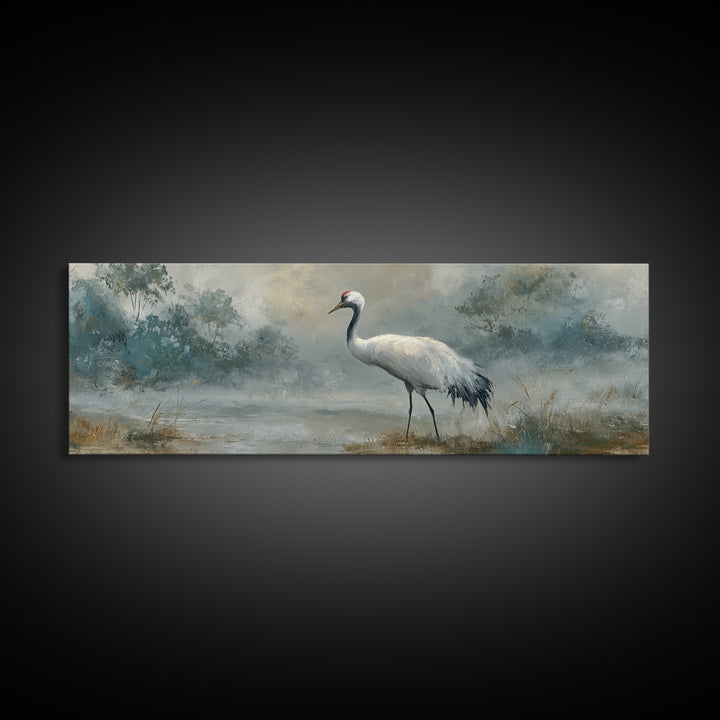 White Crane in Quiet Morning Mist Canvas Print, Meditation Art, Buddha Wall Art, Living Room Decor, Fine Art, Stillness, MED-3x1-8