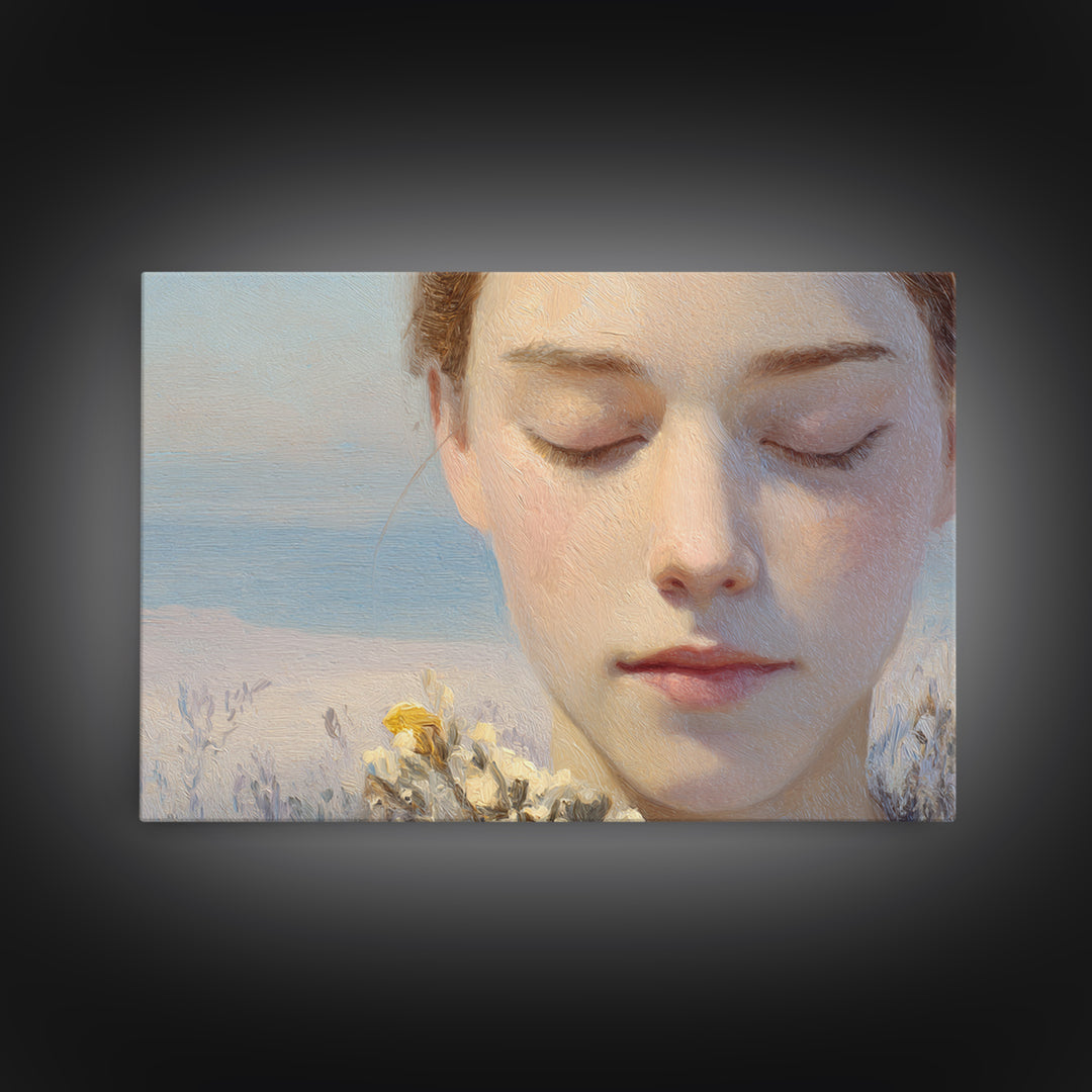 Calm Face Portrait Framed Canvas Print, Meditation Art, Contemporary Art, Living Room Decor, Fine Art, Stillness, Modern Decor, MED-3x2-28