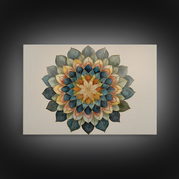 Mandala with Soft Gold and Indigo Symmetry Canvas Print, Meditation Art, Zen Wall Art, Living Room Decor, Fine Art, Stillness, MED-3x2-30