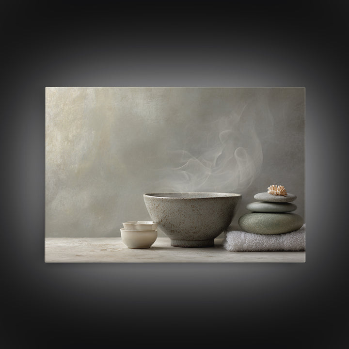 Tea Bowl and Steam Canvas Print, Meditation Art, Neutral Decor, Living Room Decor, Fine Art, Stillness, Home Decor, Wall Decor, MED-3x2-49