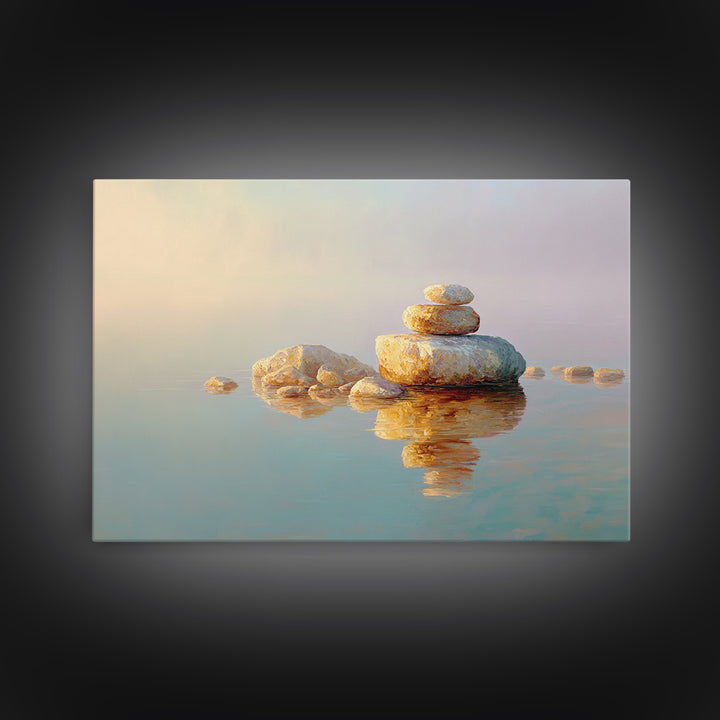 Floating Stones Balanced Above Calm Water Framed Canvas Print, Meditation Art, Room Decor, Living Room Decor, Stillness, MED-3x2-60