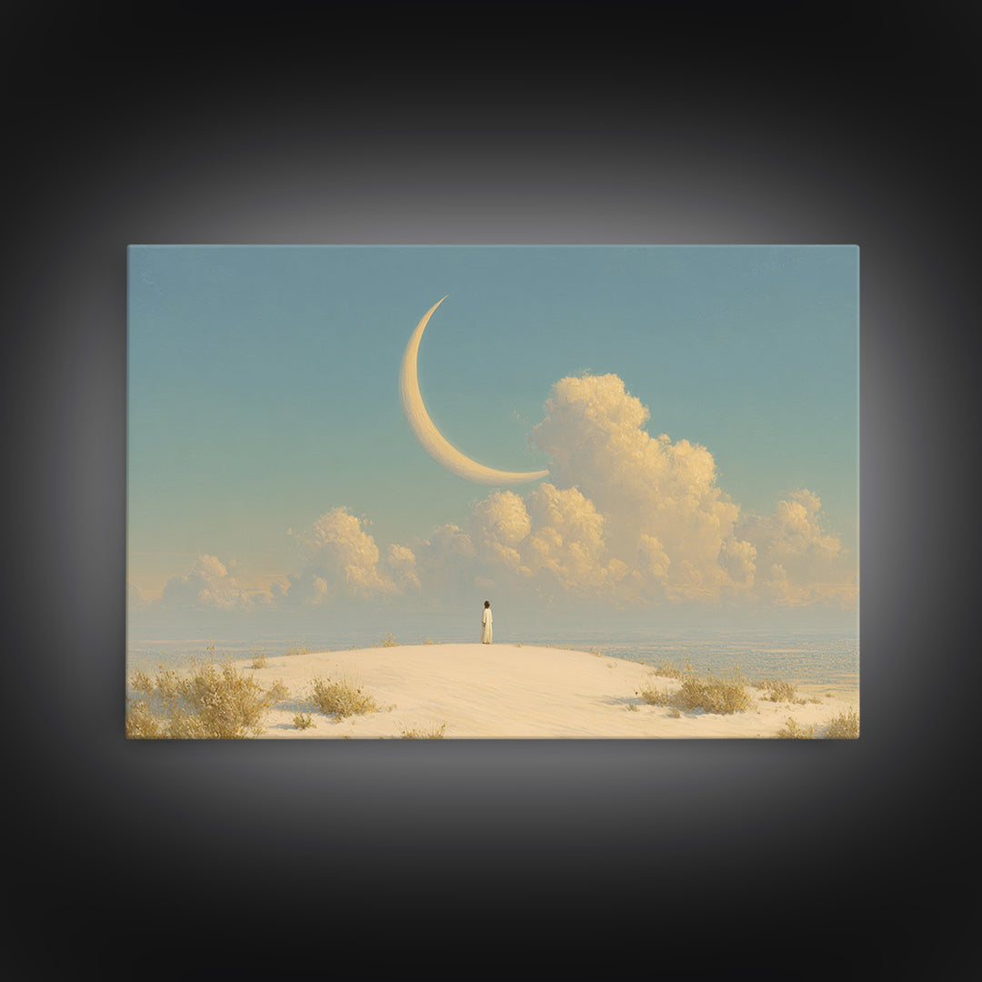 Single Seated Figure Beneath a Crescent Moon Canvas Print, Meditation Art, Modern Wall Art, Living Room Decor, Stillness, MED-3x2-7