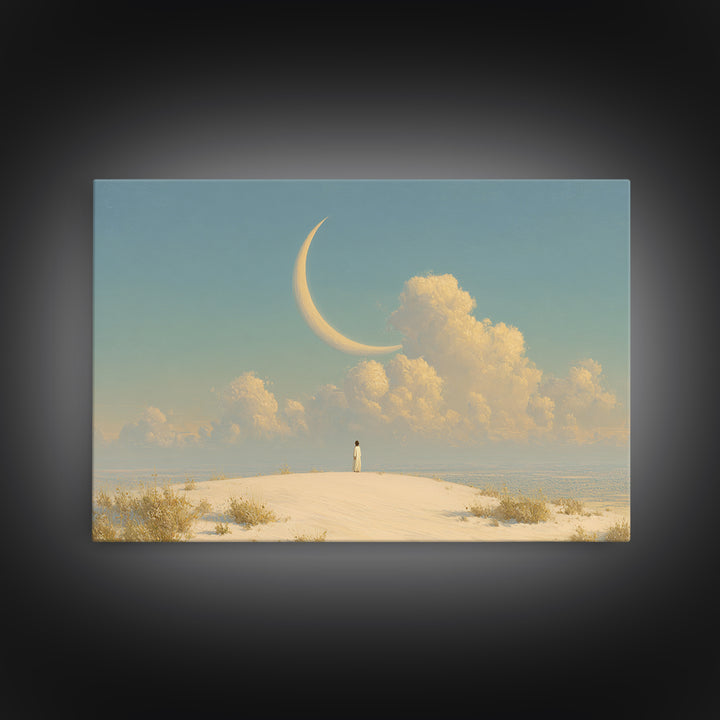 Single Seated Figure Beneath a Crescent Moon Canvas Print, Meditation Art, Modern Wall Art, Living Room Decor, Stillness, MED-3x2-7