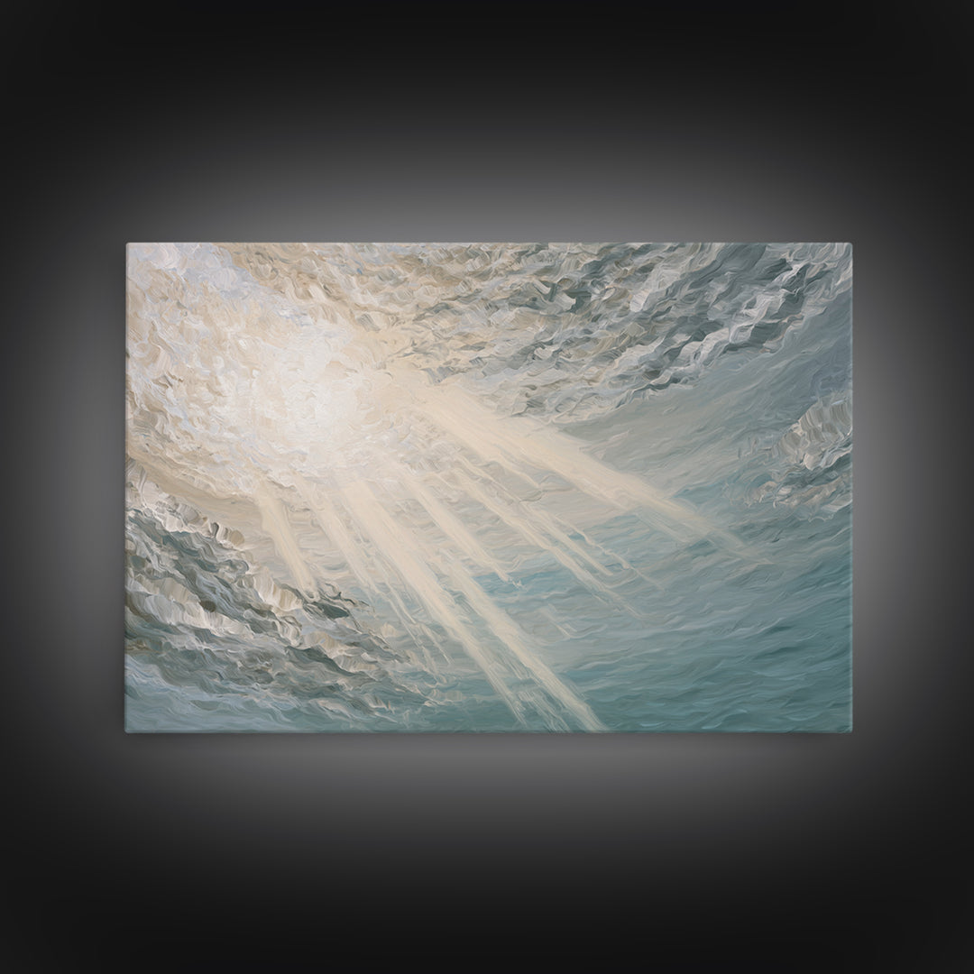 Angelic Light Rays Through Abstract Clouds Framed Canvas Print, Meditation Art, Minimalist Art, Living Room Decor, Stillness, MED-3x2-74