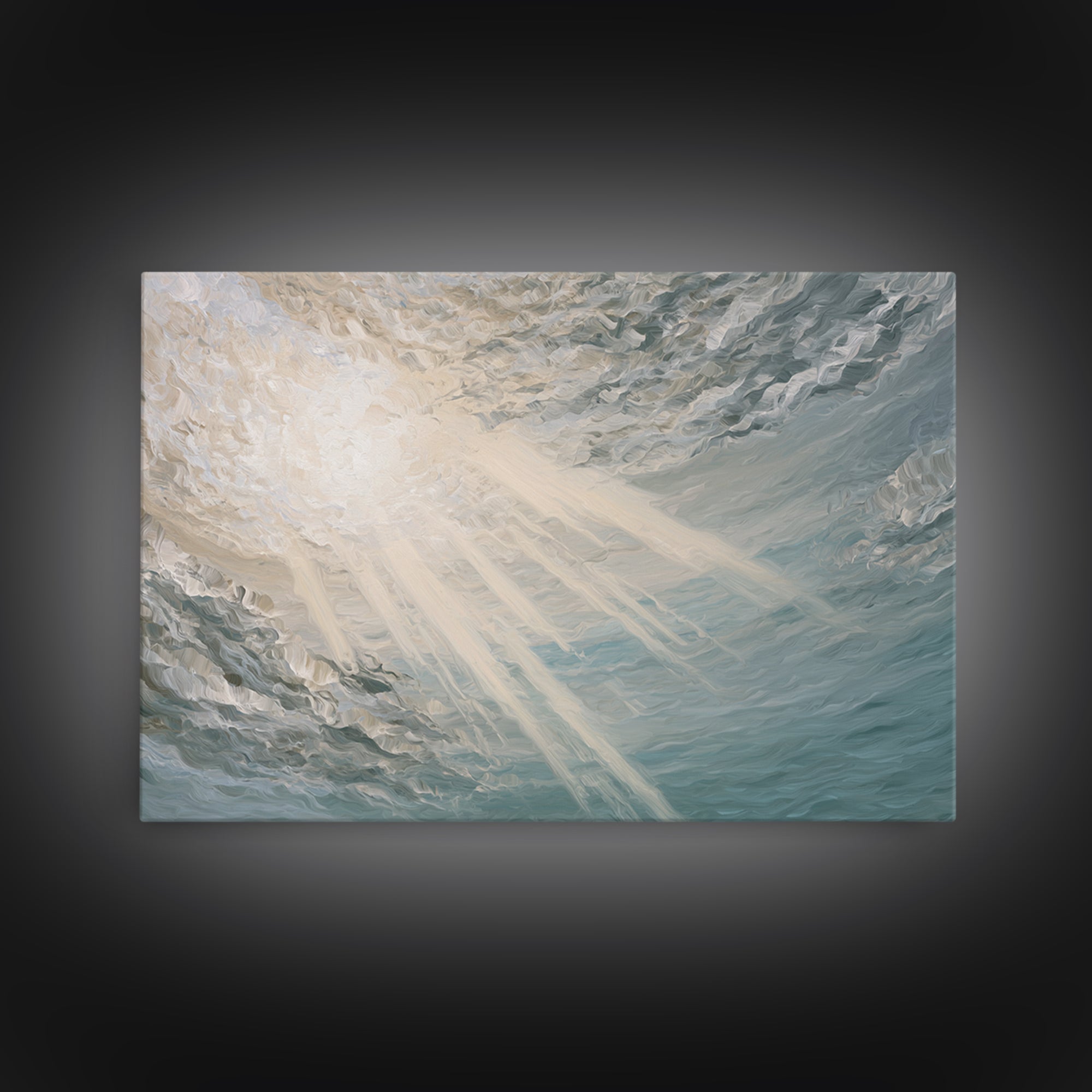 Angelic Light Rays Through Abstract Clouds Framed Canvas Print, Meditation Art, Minimalist Art, Living Room Decor, Stillness, MED-3x2-74
