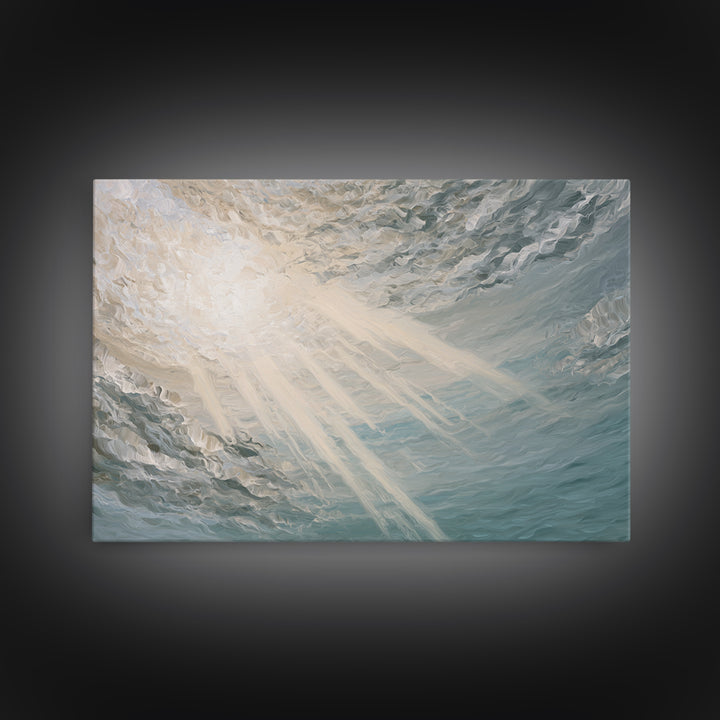 Angelic Light Rays Through Abstract Clouds Framed Canvas Print, Meditation Art, Minimalist Art, Living Room Decor, Stillness, MED-3x2-74