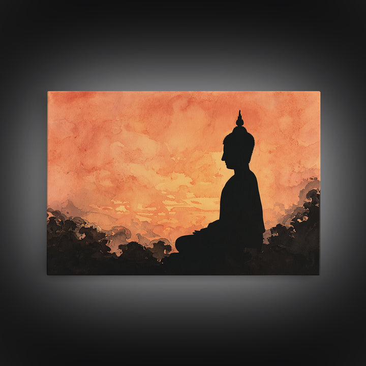 Buddha Silhouette Surrounded by Warm Light Canvas Print, Meditation Art, Boho Wall Decor, Living Room Decor, Stillness, MED-3x2-83