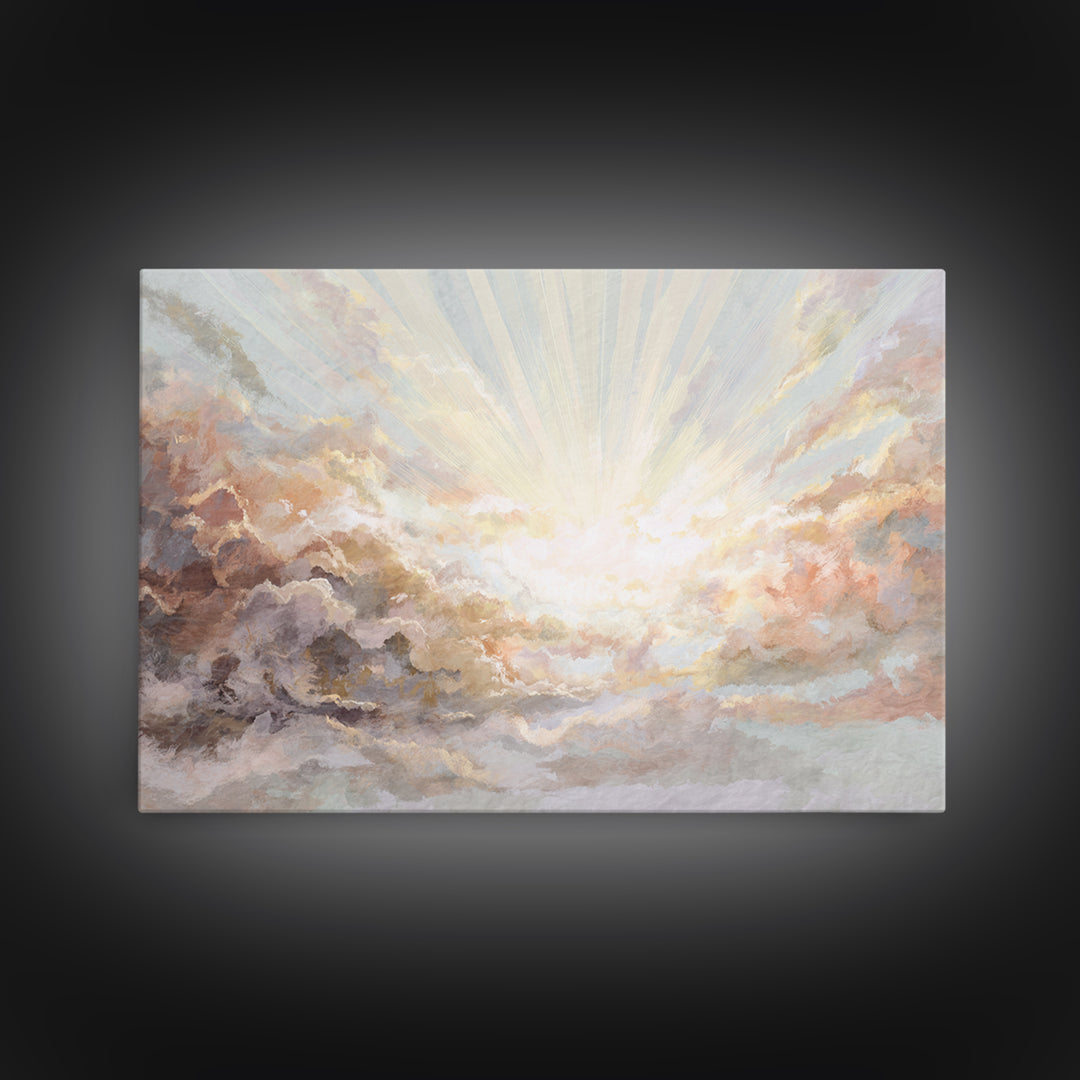 Angelic Light Rays Through Abstract Clouds Canvas Print, Meditation Art, Yoga Wall Art, Living Room Decor, Fine Art, Stillness, MED-3x2-98