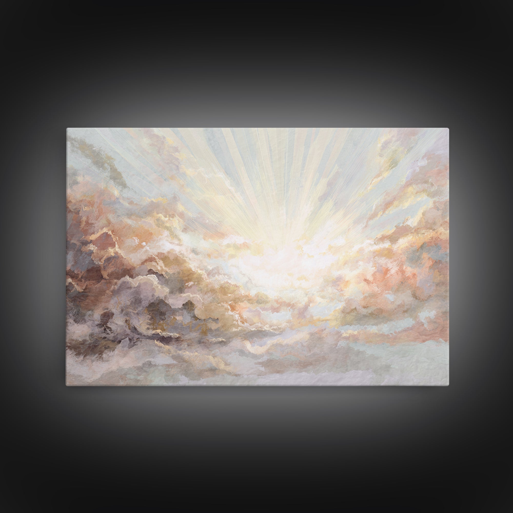 Angelic Light Rays Through Abstract Clouds Canvas Print, Meditation Art, Yoga Wall Art, Living Room Decor, Fine Art, Stillness, MED-3x2-98